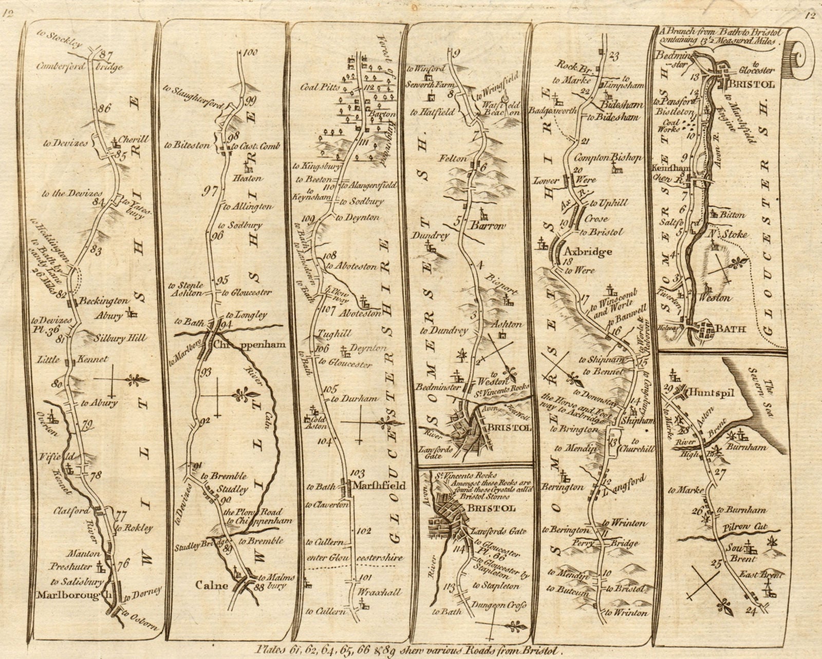 Marlborough Calne Chippenham Bristol Axbridge Bath. KITCHIN road map 1767